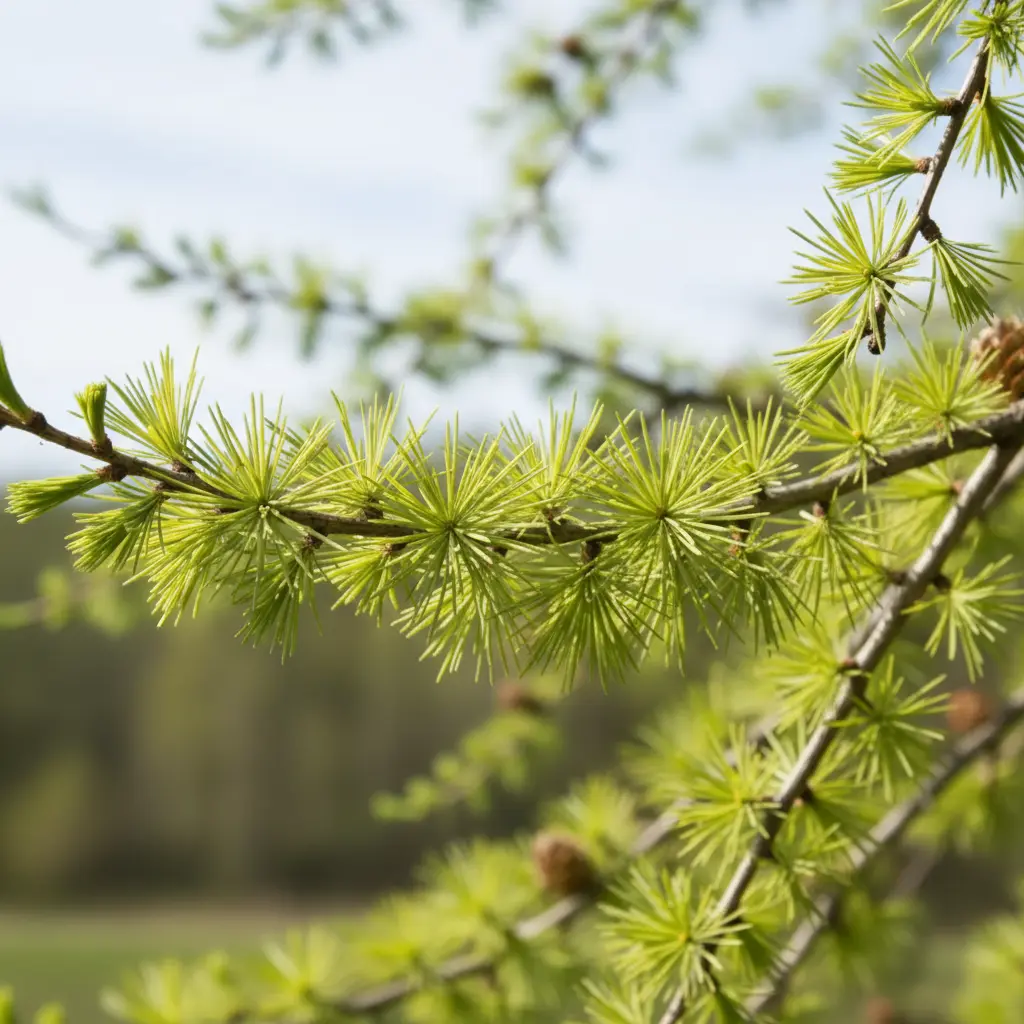 Close-up of European Larch (Larix decidua) bonsai branch with fresh green spring needles