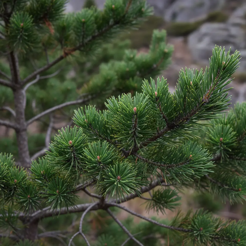 Close-up of Mugo Pine (Pinus mugo) branch with dense dark green needles
