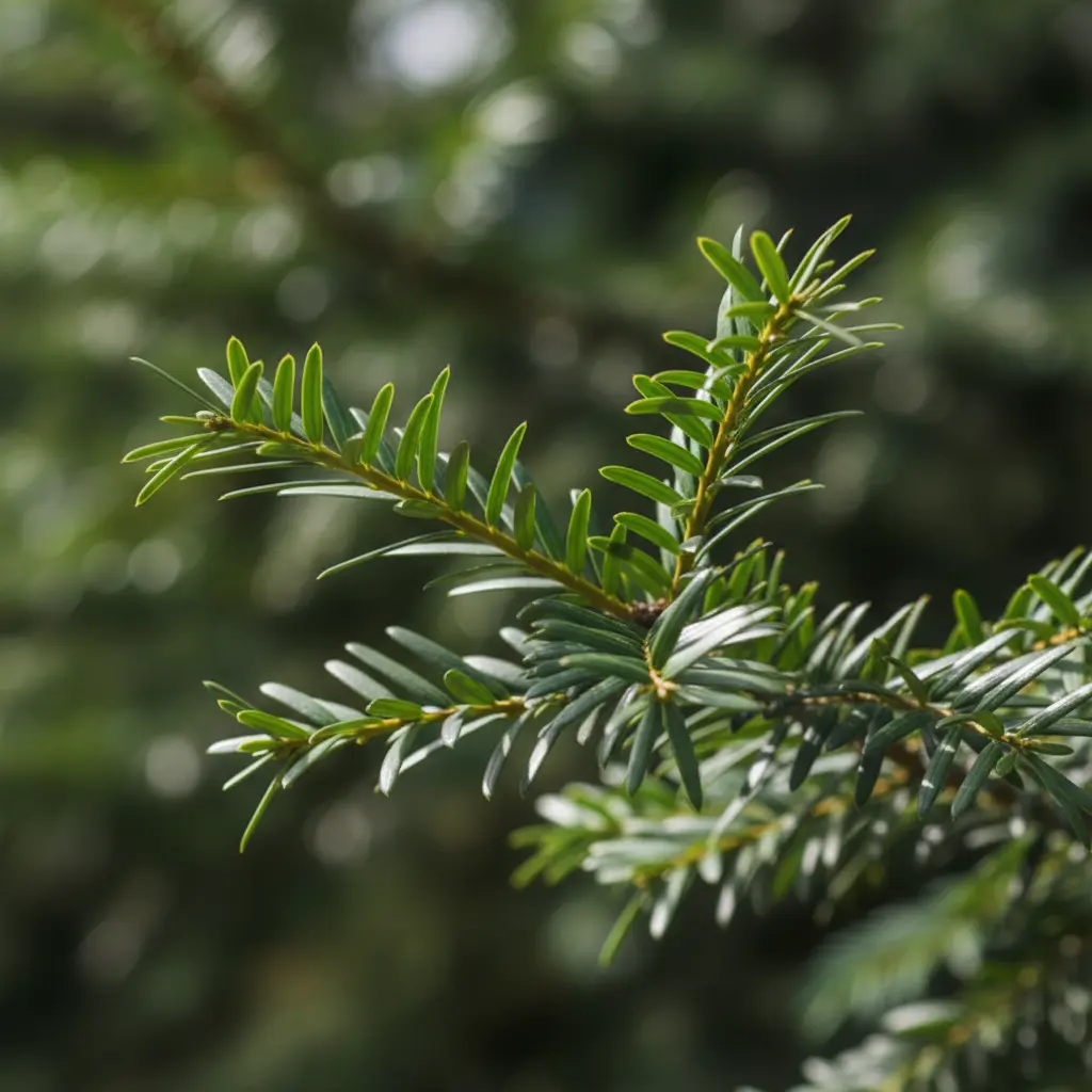 Close-up of Taxus baccata evergreen needles showing flat, glossy green leaves