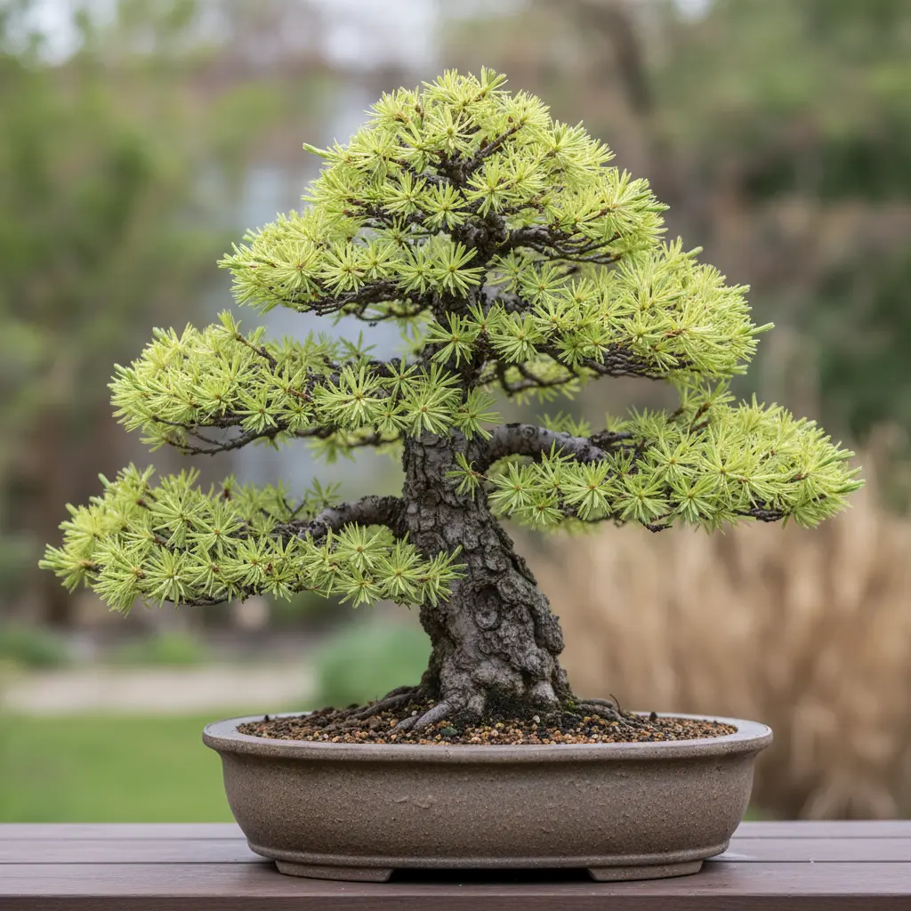 Bonsai di Larix decidua in salute, con aghi verdi morbidi e corteccia strutturata, illuminato da luce naturale.