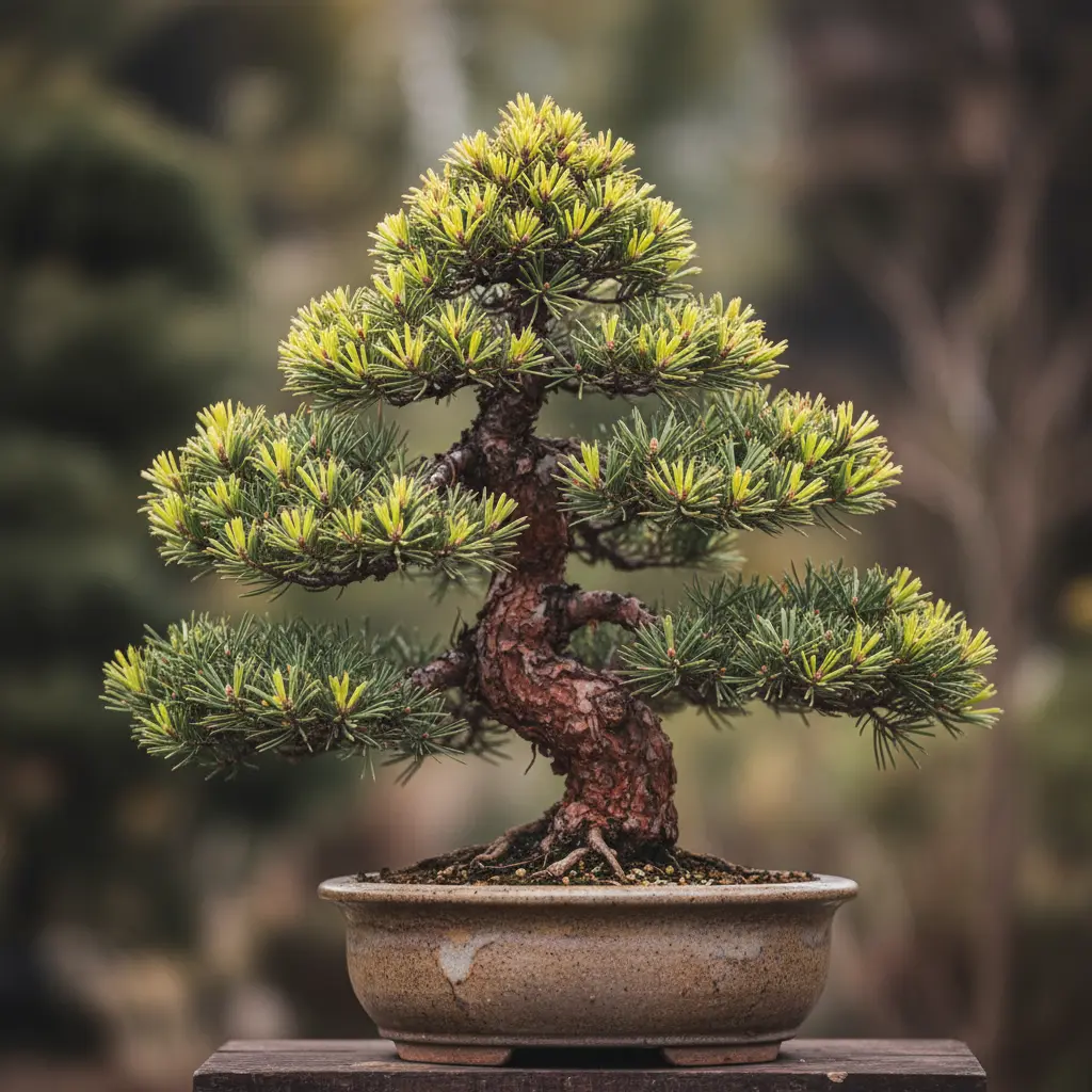 Gesunder Pinus mugo Bonsai mit kompakten Nadeln und rauer Borke im natürlichen Licht