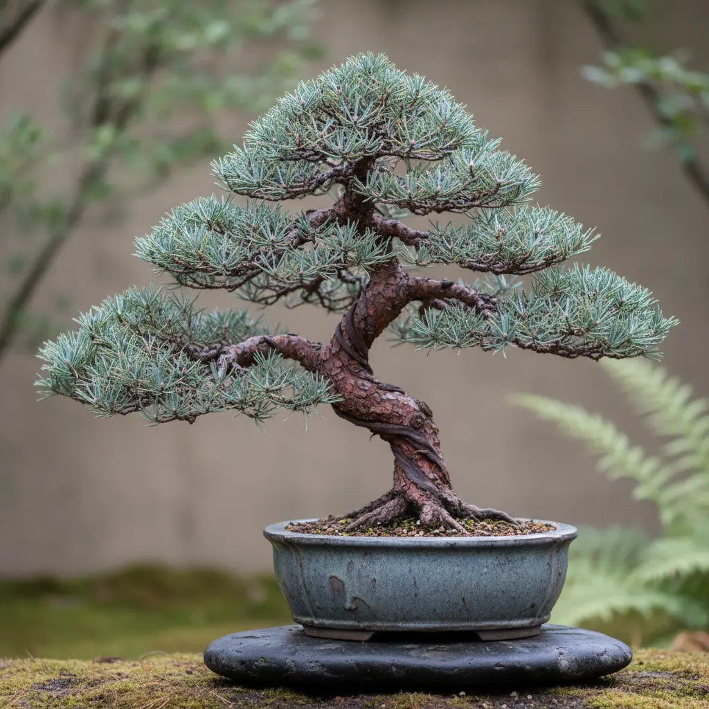 Gesunder Pinus sylvestris Bonsai mit blaugrünen Nadeln und rötlich-brauner Rinde im natürlichen Licht