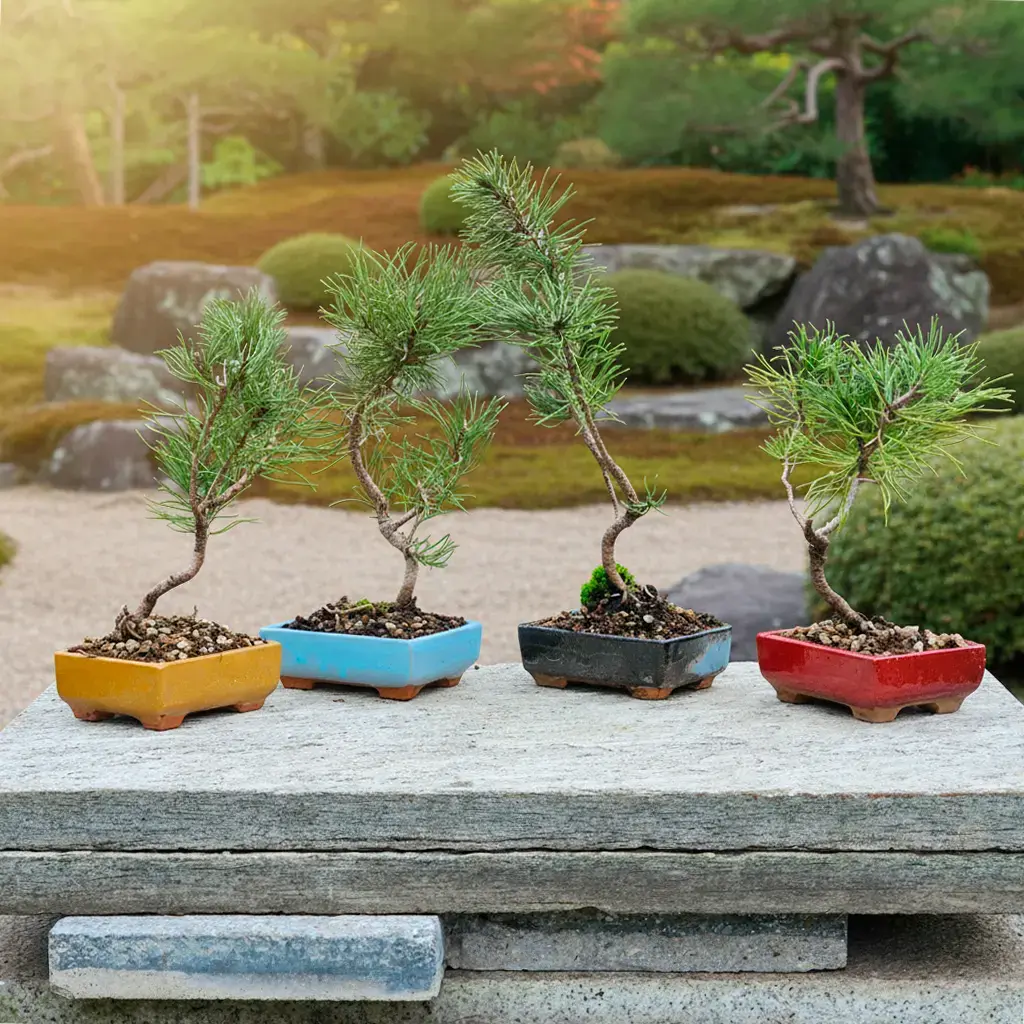 Pinus Mugo bonsai trees in colorful handmade pots: yellow, blue, black, and red, part of the Ready to Play Bonsai Starter Kit collection by Treevaset.