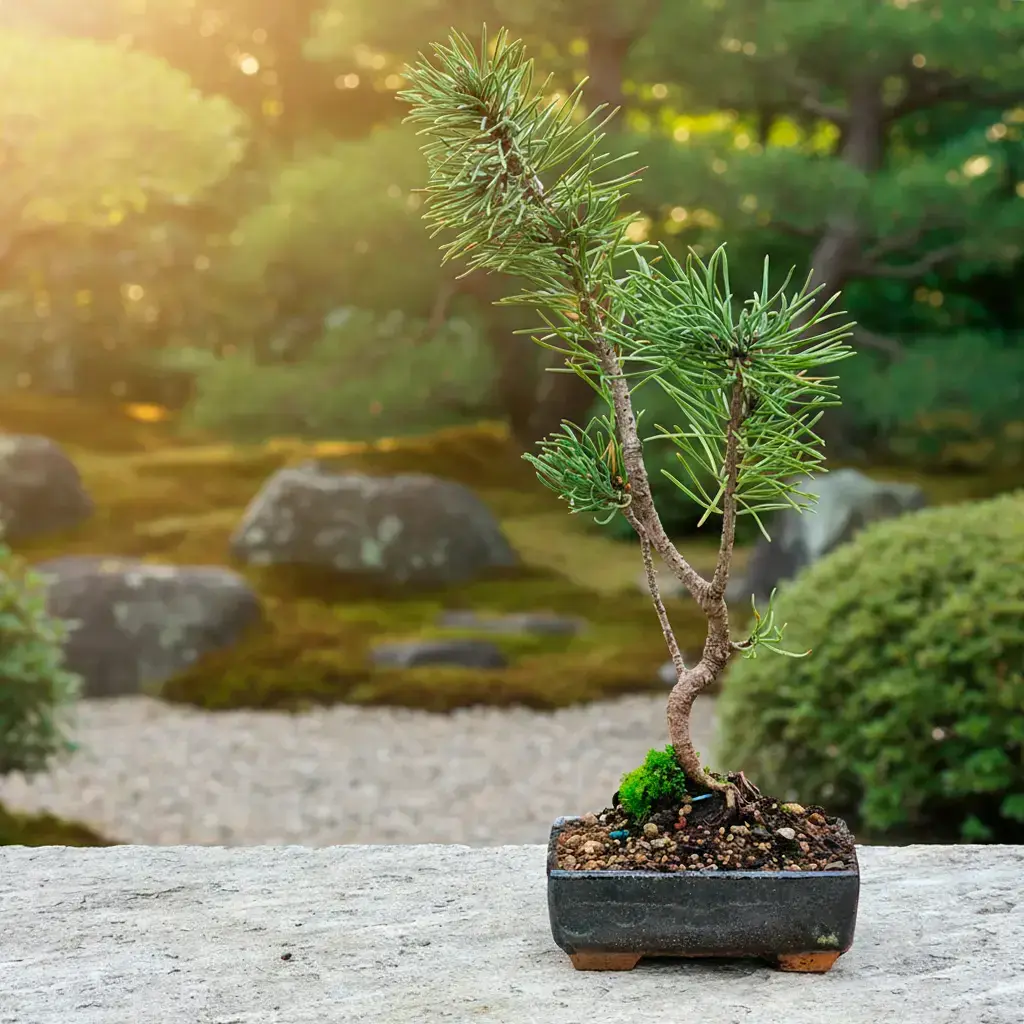 Ready to Play Pinus Mugo bonsai in black handmade ceramic pot, placed on a stone surface in a Japanese garden.