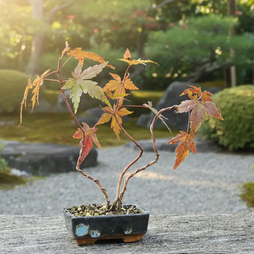 Acer Palmatum bonsai with wired branches in a handmade ceramic pot, part of the Create Your Own Bonsai Kit.