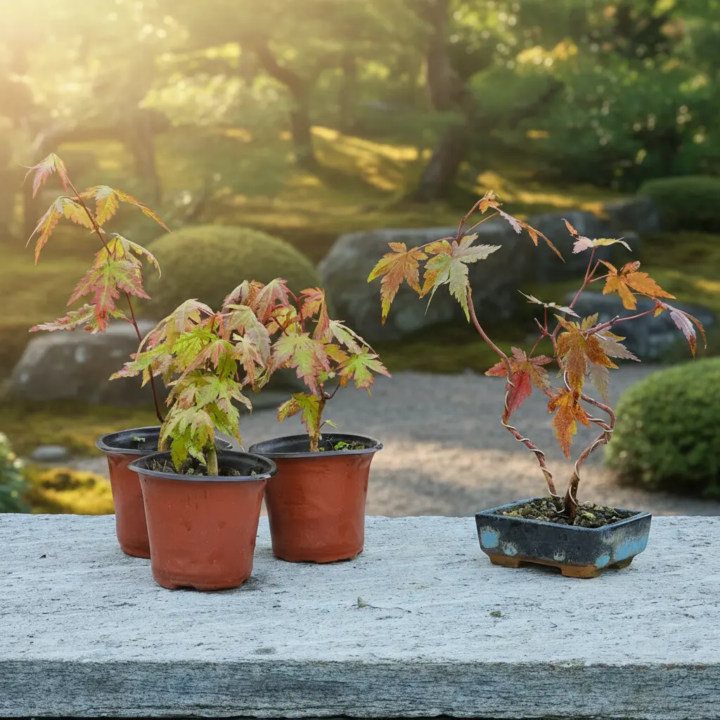 Three Acer Palmatum saplings in nursery pots next to a wired young bonsai in a handmade ceramic pot.