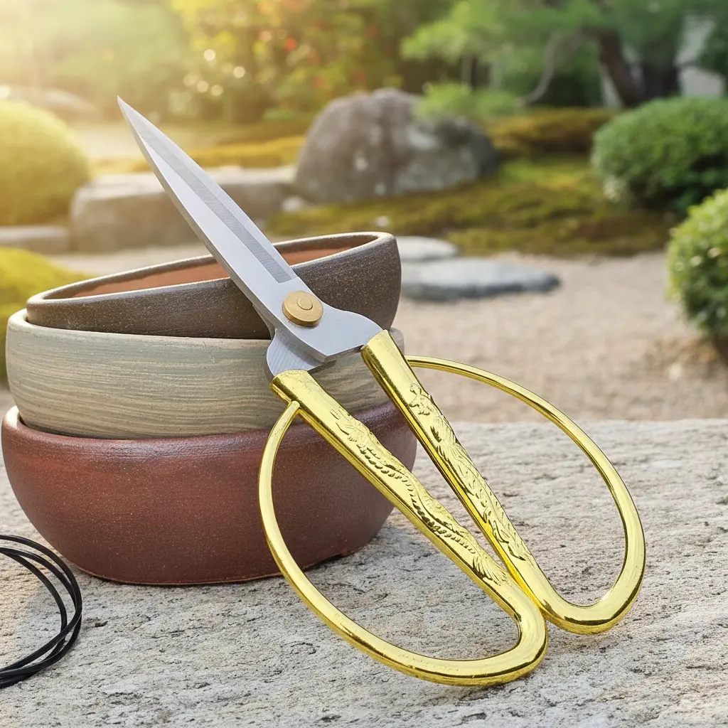 Golden bonsai scissors resting on stacked handmade ceramic pots, part of the Create Your Own Bonsai Kit by Treevaset.