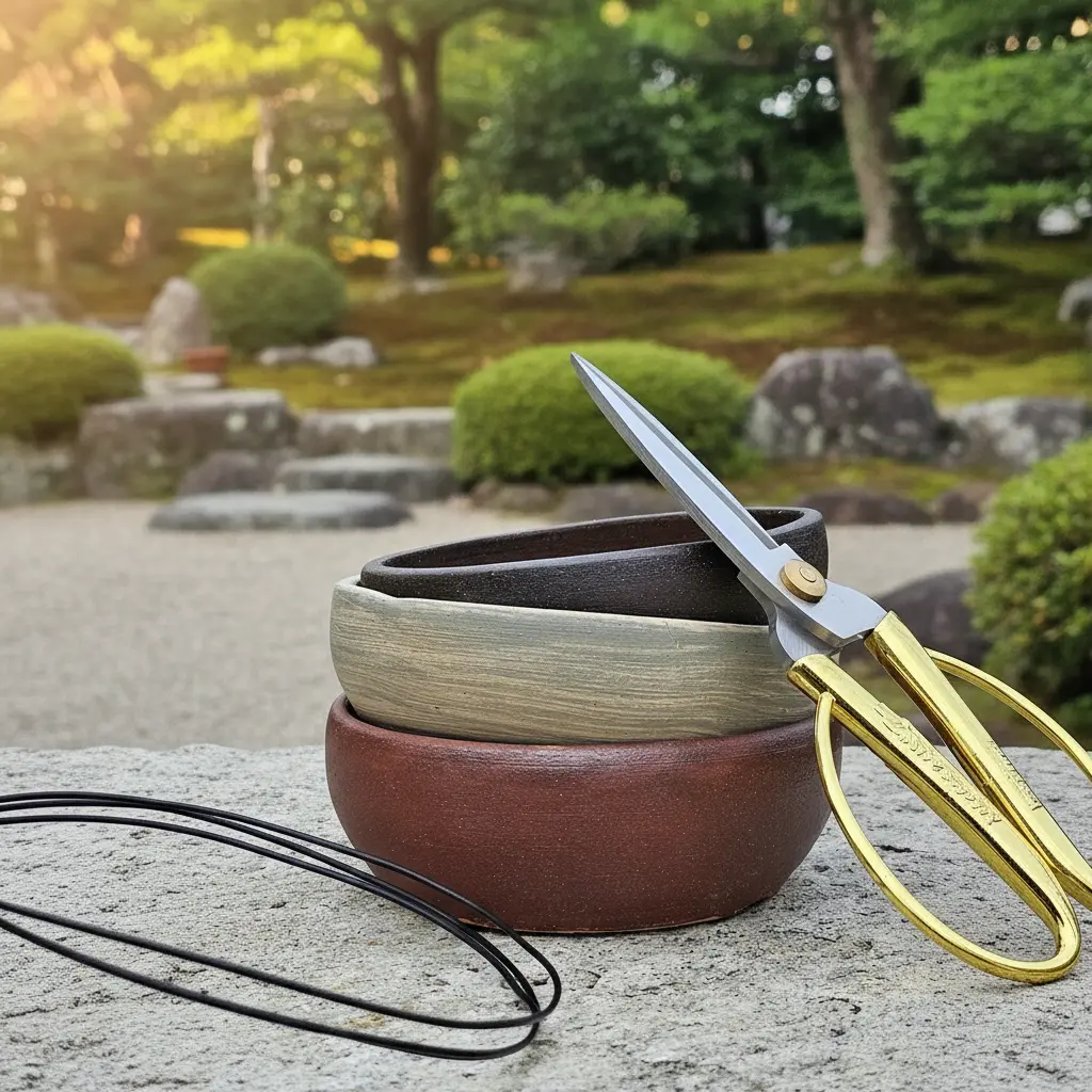 Three stacked ceramic pots, golden scissors, and bonsai wire from the Create Your Own Bonsai Kit, displayed outdoors.