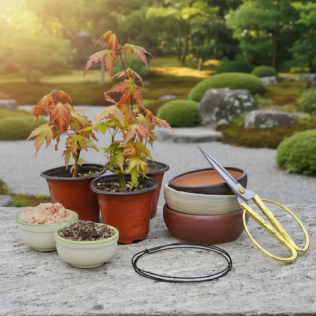 Create Your Own Bonsai Kit with Acer Palmatum saplings, ceramic pots, golden scissors, bonsai wire, and soil on a stone table outdoors.