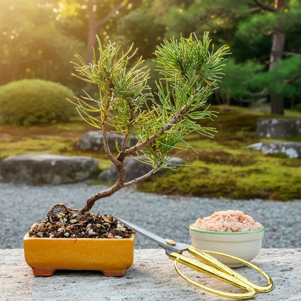 Pinus Mugo Bonsai im gelben handgefertigten Keramiktopf mit goldener Schere und Dünger, aus dem Ready to Play Bonsai Set.