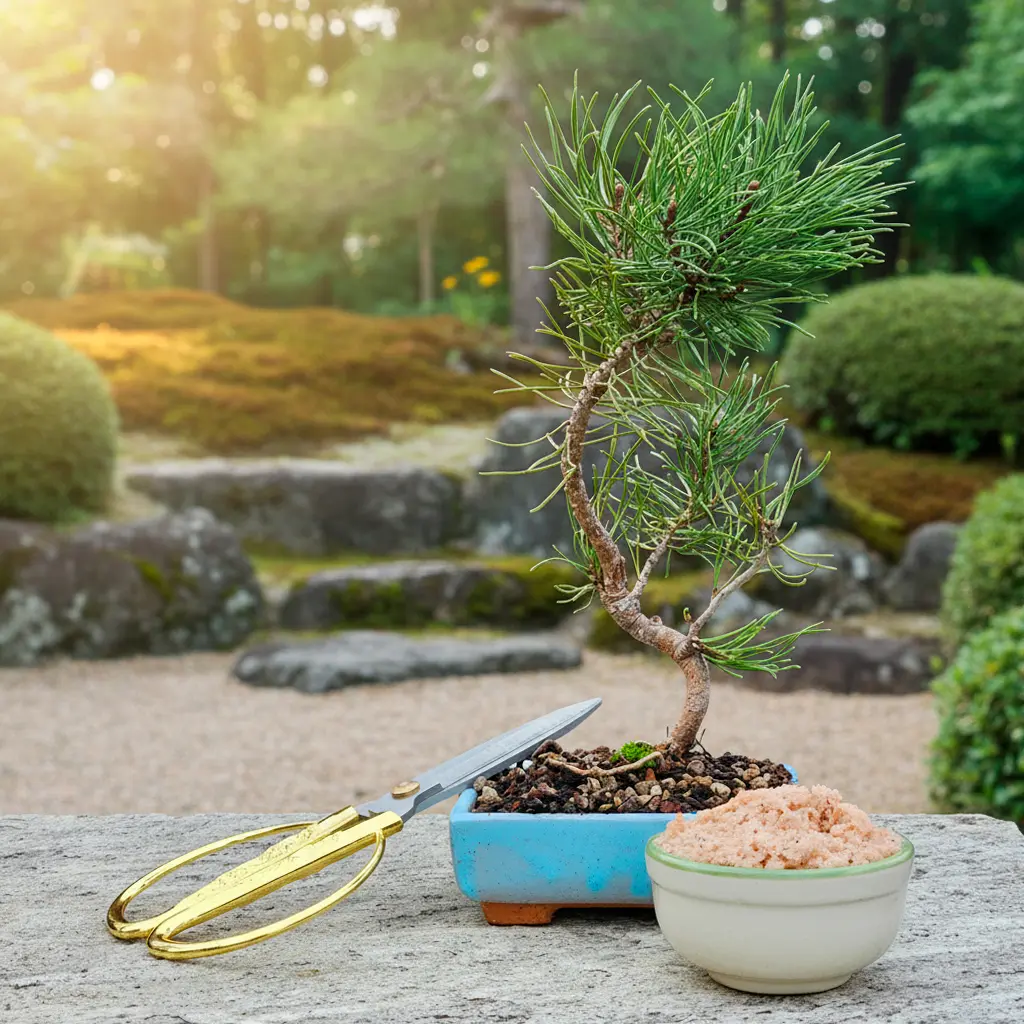 Ready to Play Bonsai Set mit Pinus Mugo im blauen handgefertigten Keramiktopf, goldene Schere und Bonsai-Dünger auf Steintisch im Freien.