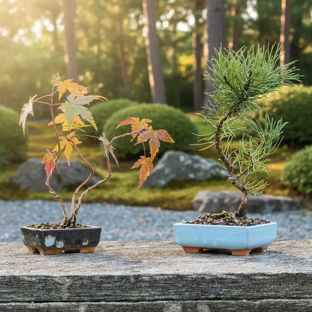 Acer Palmatum and Pinus Mugo bonsai trees side by side in handmade ceramic pots, representing the Treevaset Bonsai Kit collection for beginners and creators.
