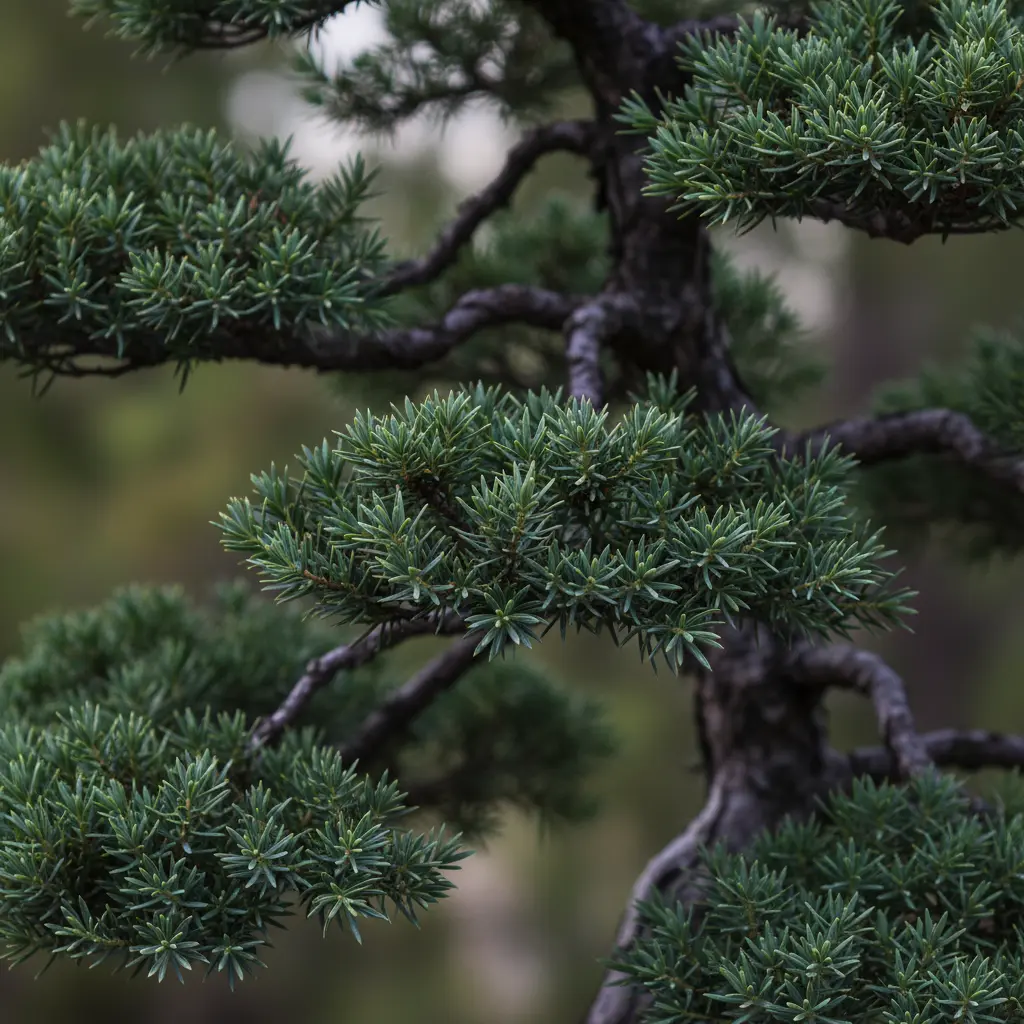 Close-up of Itoigawa Juniper bonsai foliage showing compact green pads and detailed branch structure