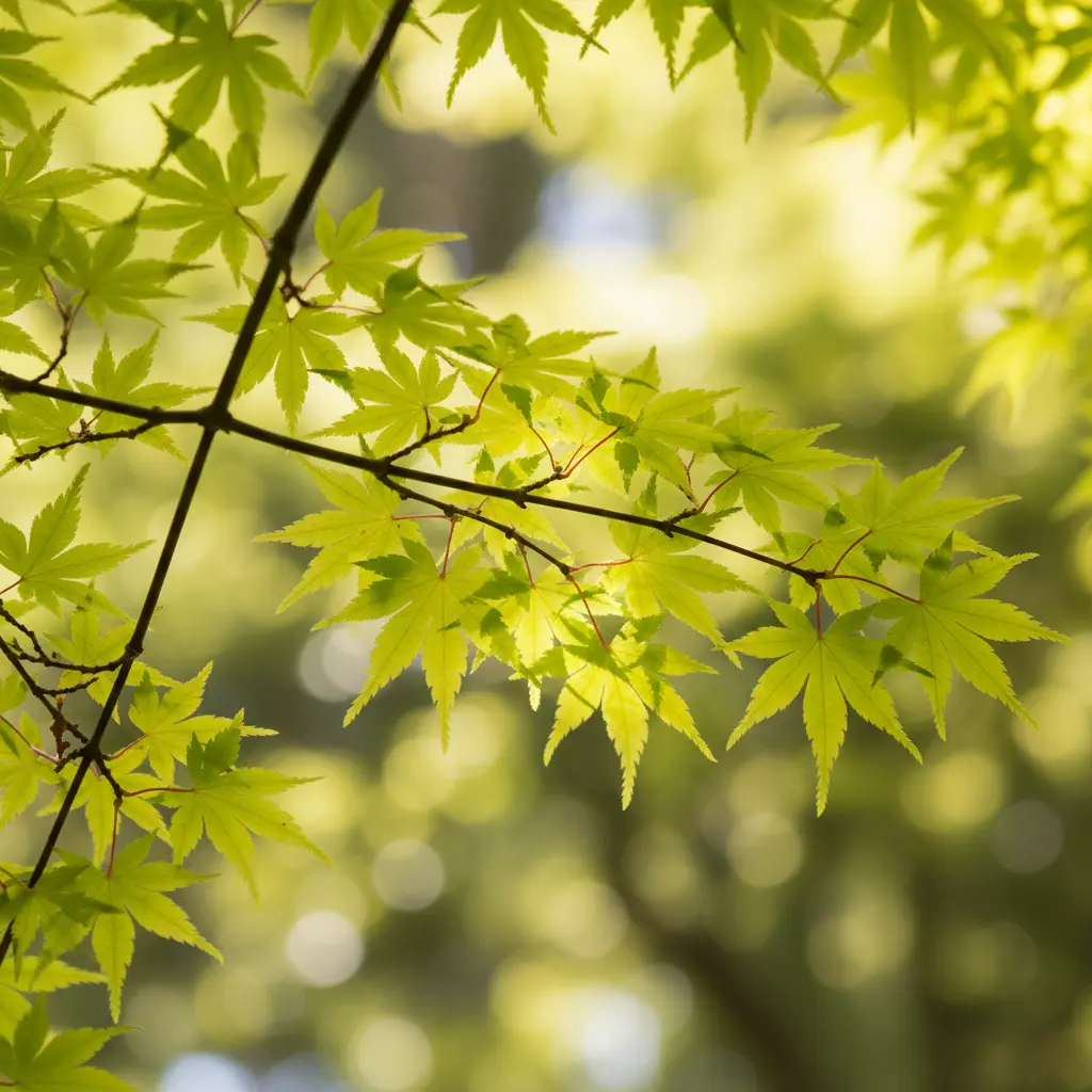 Acer palmatum ‘Koto Hime’ young pre-bonsai leaves in soft sunlight