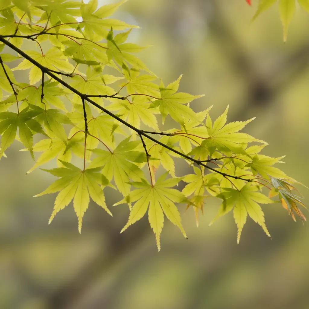 Acer palmatum ‘Seigen’ Japanese Maple green-yellow leaves in soft sunlight