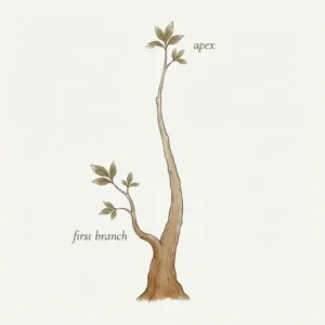 Illustration showing bonsai apex as trunk continuation and first branch position in tree structure