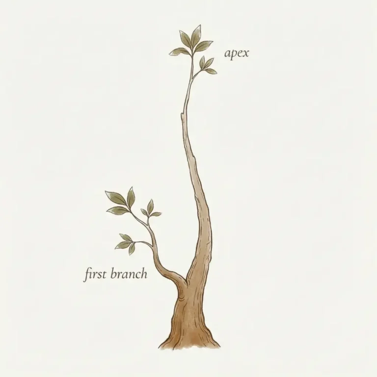 Illustration showing bonsai apex as trunk continuation and first branch position in tree structure