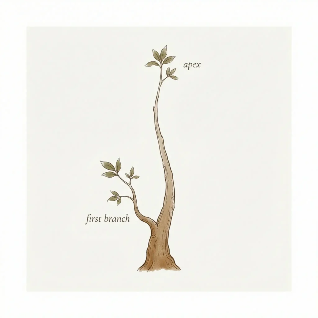 Illustration showing bonsai apex as trunk continuation and first branch position in tree structure