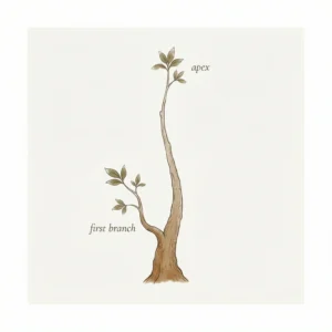 Illustration showing bonsai apex as trunk continuation and first branch position in tree structure