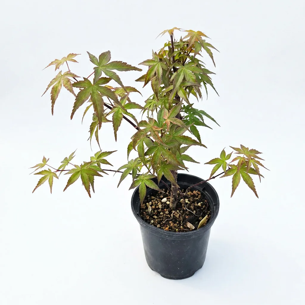 Acer palmatum Beni Tsukasa young pre-bonsai in pot with red-pink and green spring foliage