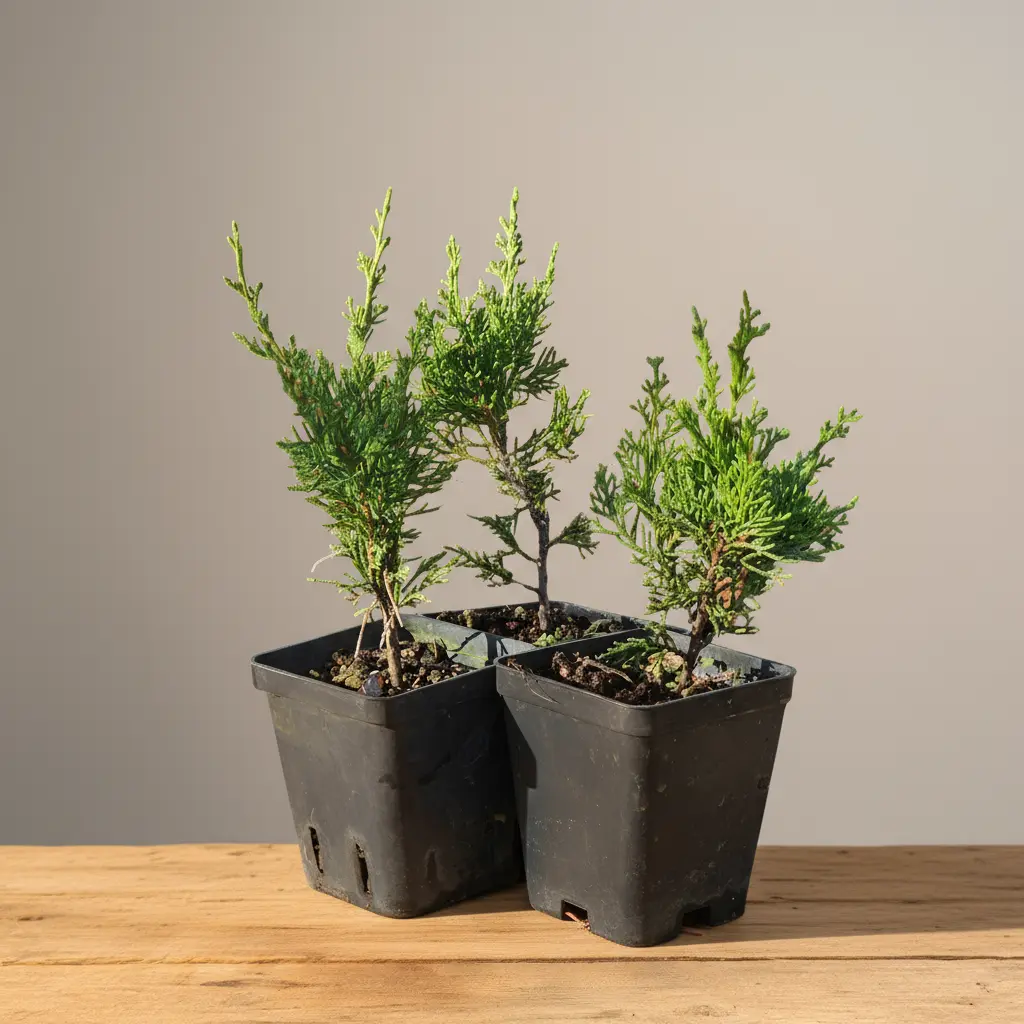 Three young Itoigawa juniper pre-bonsai trees in black nursery pots on a wooden table