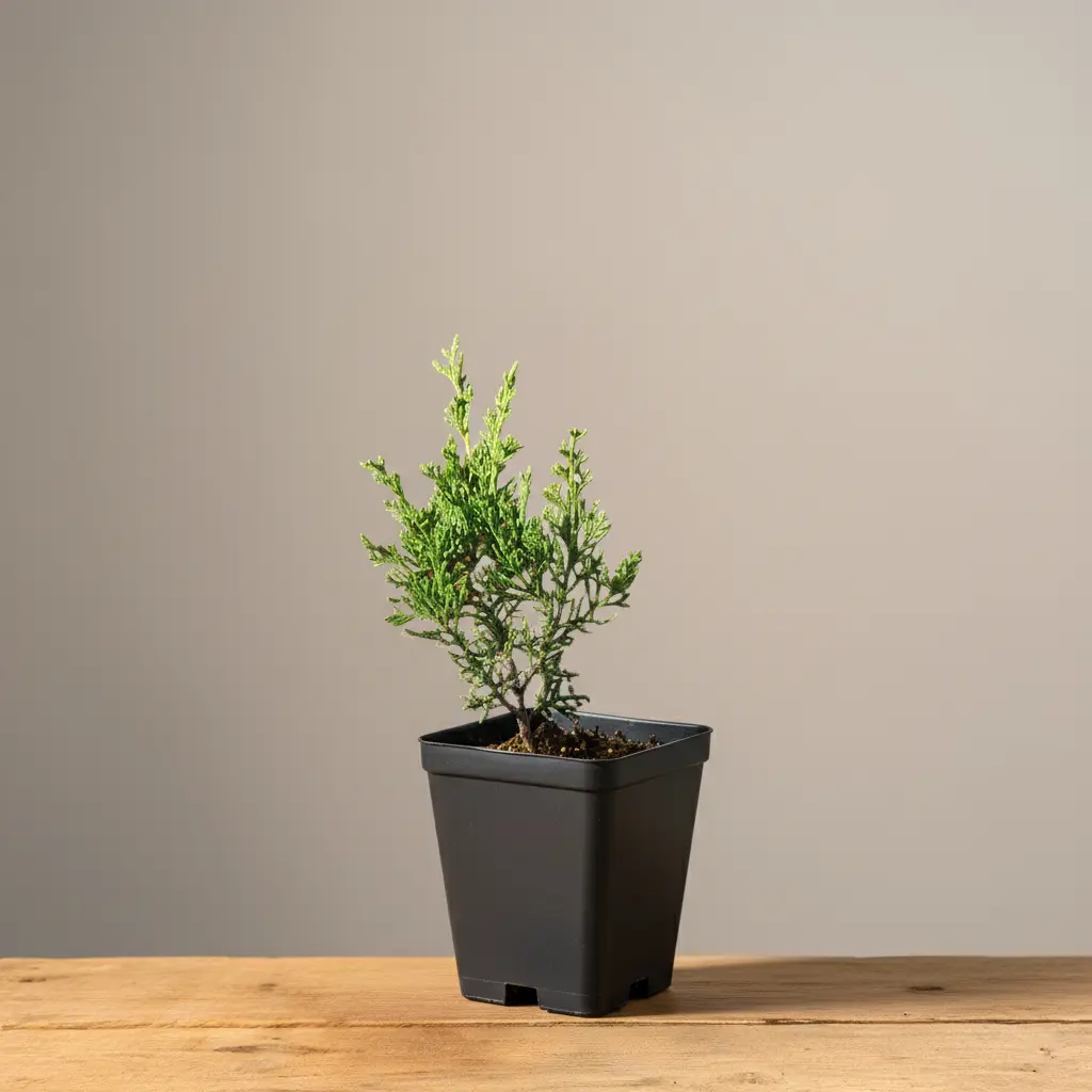 Individual young Itoigawa juniper pre-bonsai tree in a nursery pot on a light background
