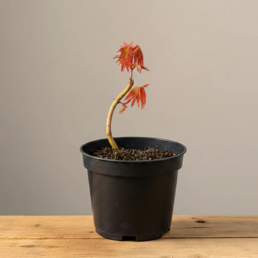 Pre-bonsai di acero giapponese Yamamomiji da seme, giovane curvato col filo, con tronco curvo e fogliame rosso primaverile — foto in studio