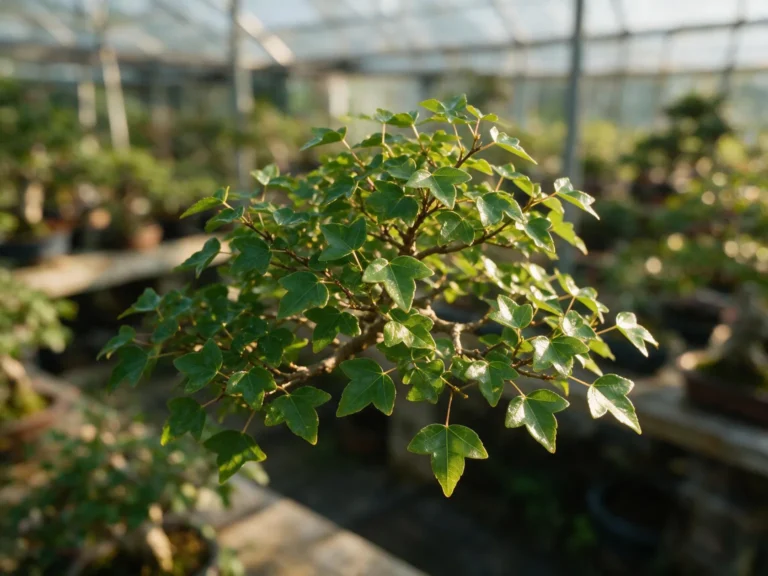 Acer buergerianum (trident maple) bonsai canopy with three-lobed leaves