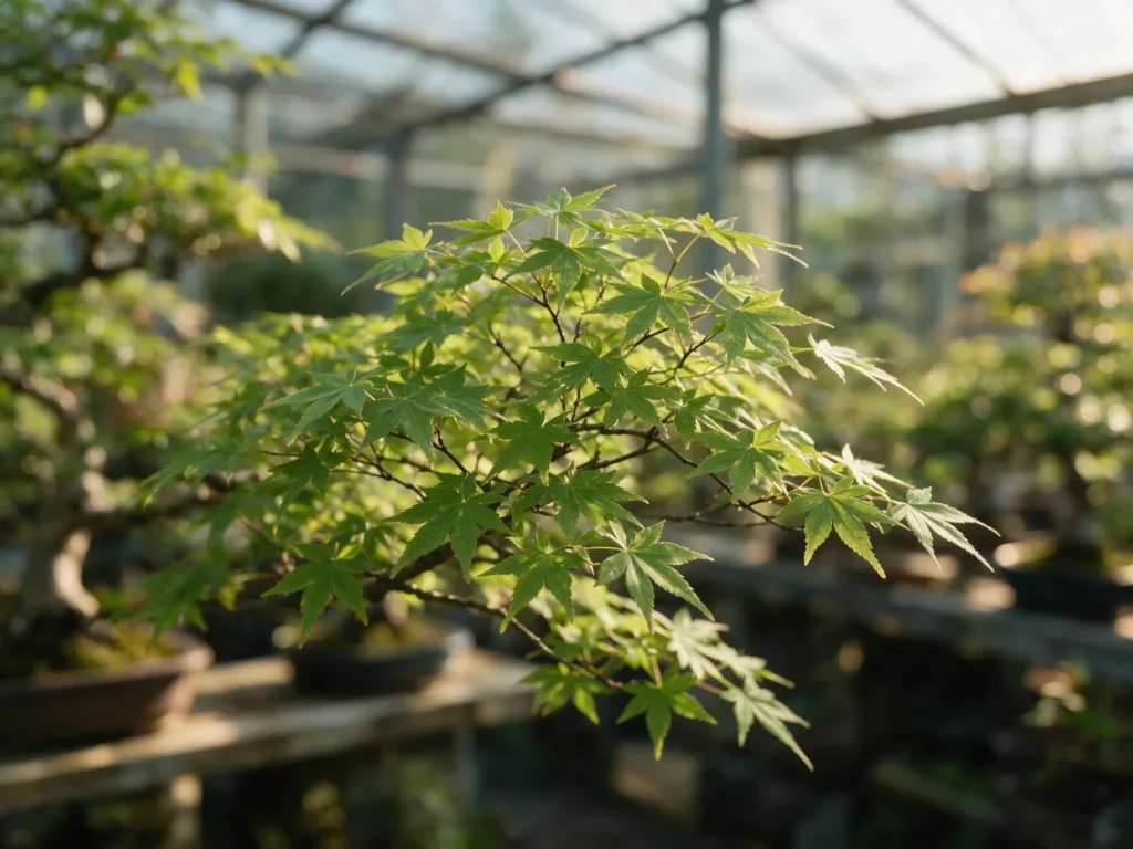 Acer palmatum (Japanese maple) bonsai branch with palmate five-lobed leaves