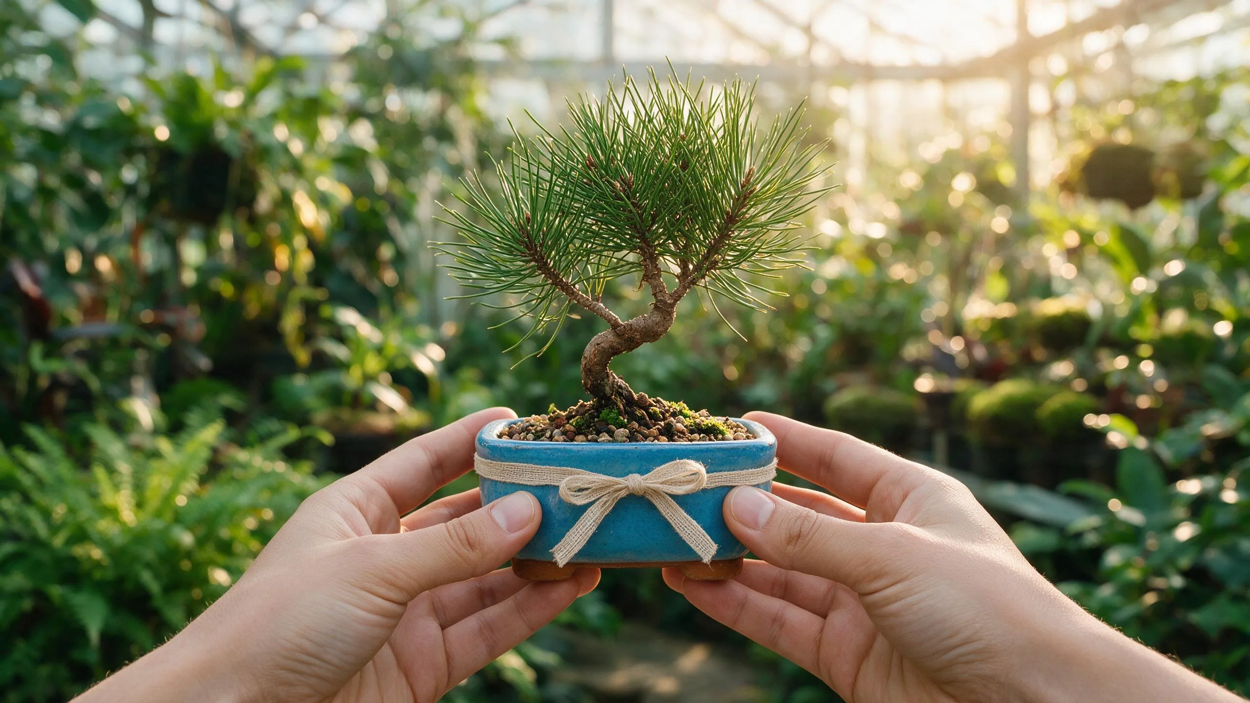 Gifting a young mugo pine bonsai in a handmade blue pot with a linen ribbon