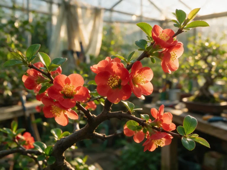 Chaenomeles (flowering quince) bonsai branch with scarlet flowers