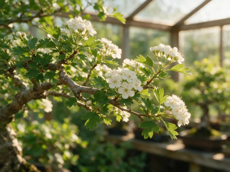 Crataegus monogyna (hawthorn) bonsai branch in white spring blossom