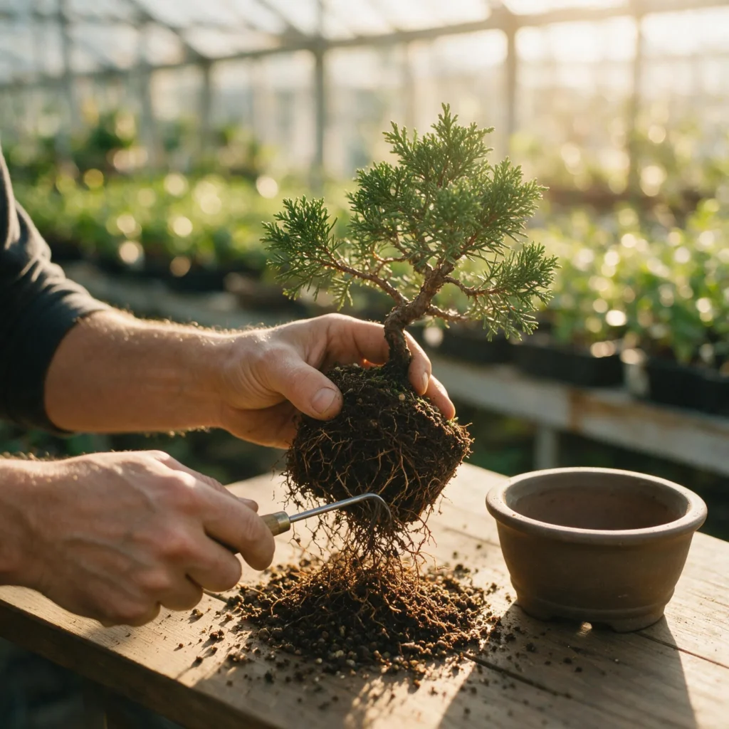 Bonsai artist combing out the root ball of a juniper pre-bonsai during repotting