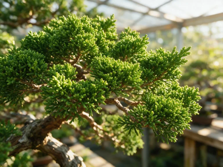 Juniperus chinensis 'Itoigawa' bonsai branch with fine green scale foliage