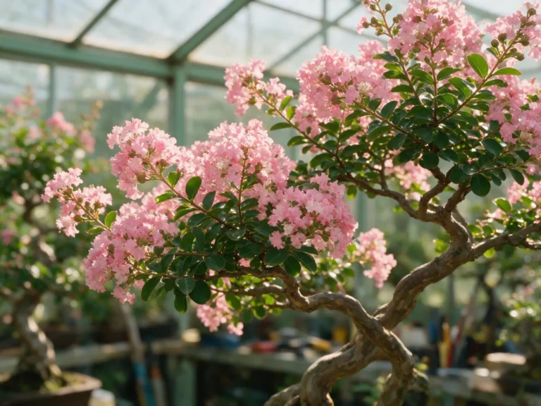 Lagerstroemia indica (crape myrtle) bonsai with pink flower clusters