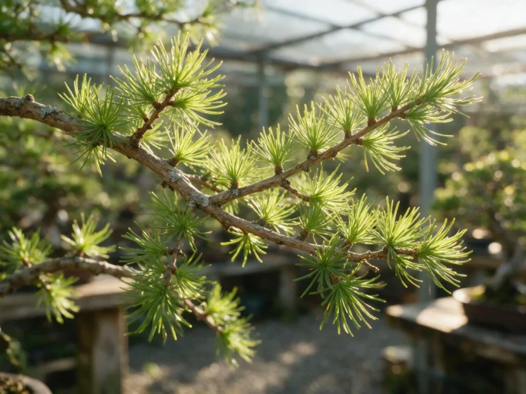 Larix decidua (European larch) bonsai branch with needle rosettes on short spurs