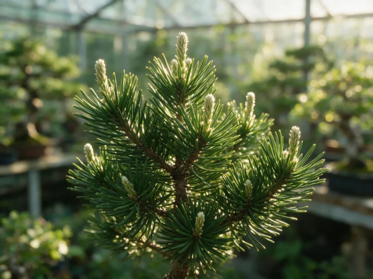 Pinus mugo (mugo pine) bonsai branch with paired needles and candle buds