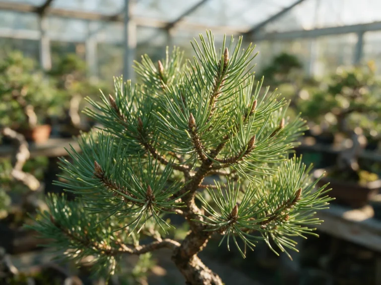 Pinus sylvestris (Scots pine) bonsai branch with blue-green needles in pairs