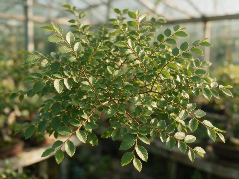 Ulmus minor (field elm) bonsai branch with small serrated leaves on fine twigs