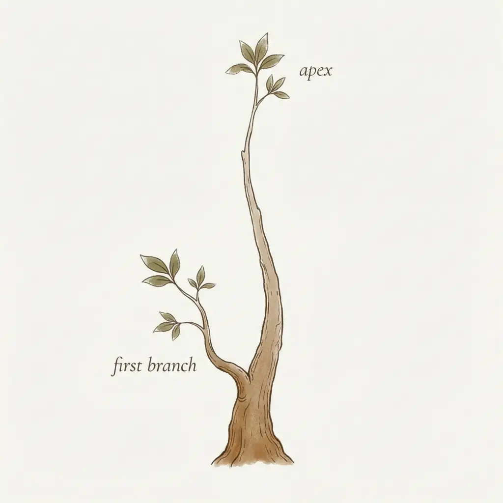 Illustration: Bonsai Apex als Fortsetzung der Stammlinie und Position des ersten Astes in der Baumstruktur