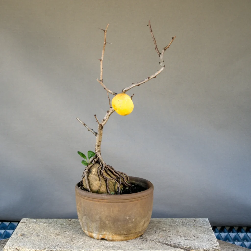 Bonsai di cotogno giapponese (Chaenomeles japonica) con frutto, circa 5 anni, fronte