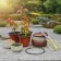 Create Your Own Bonsai Kit with Acer Palmatum saplings, ceramic pots, golden scissors, bonsai wire, and soil on a stone table outdoors.