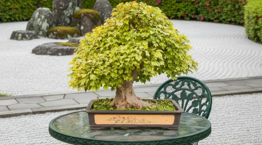 Mature Acer buergerianum bonsai with dense green trilobed leaves displayed outdoors.