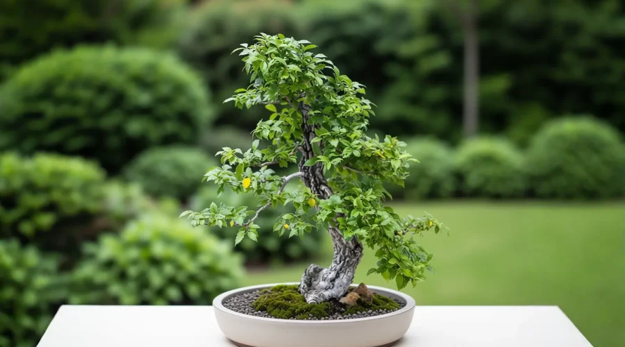 Bonsai di Ulmus minor con tronco elegante e fogliame verde rigoglioso, esposto all’aperto su un tavolo in legno.