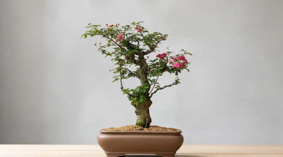 Bonsai di Lagerstroemia indica in fiore, con fiori rosa e ramificazione raffinata.