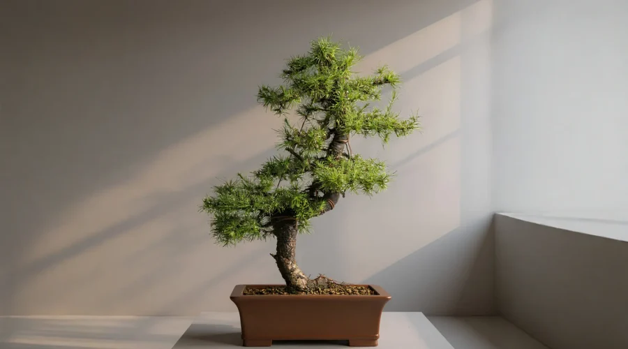 Bonsai di Larice europeo (Larix decidua) in un vaso in ceramica marrone, impostato in stile eretto informale e illuminato da una luce serale morbida.