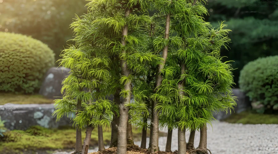 Bonsai di Metasequoia glyptostroboides in stile forestale, con tronchi slanciati e fogliame verde morbido disposti in una composizione naturale.