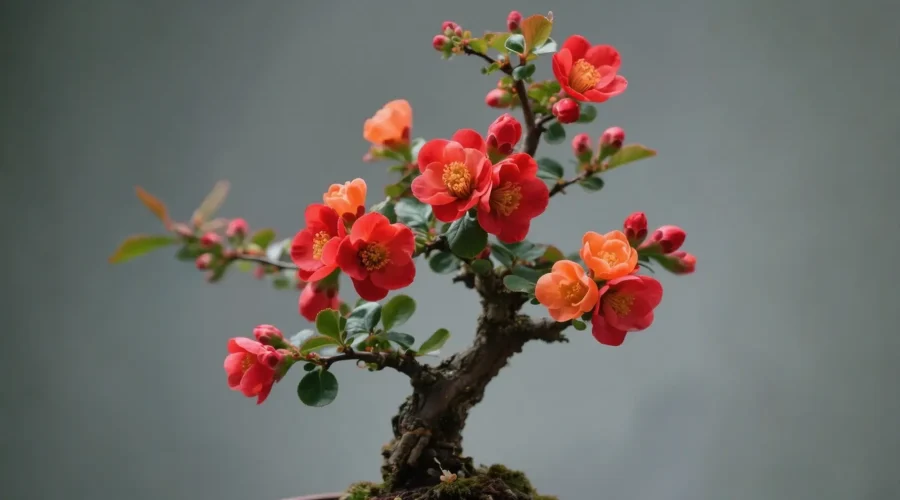 Chaenomeles japonica bonsai in full bloom with vivid red and orange flowers and small green leaves.