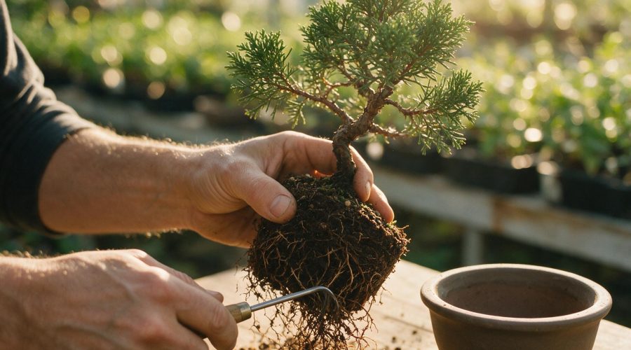Bonsai artist combing out the root ball of a juniper pre-bonsai during repotting