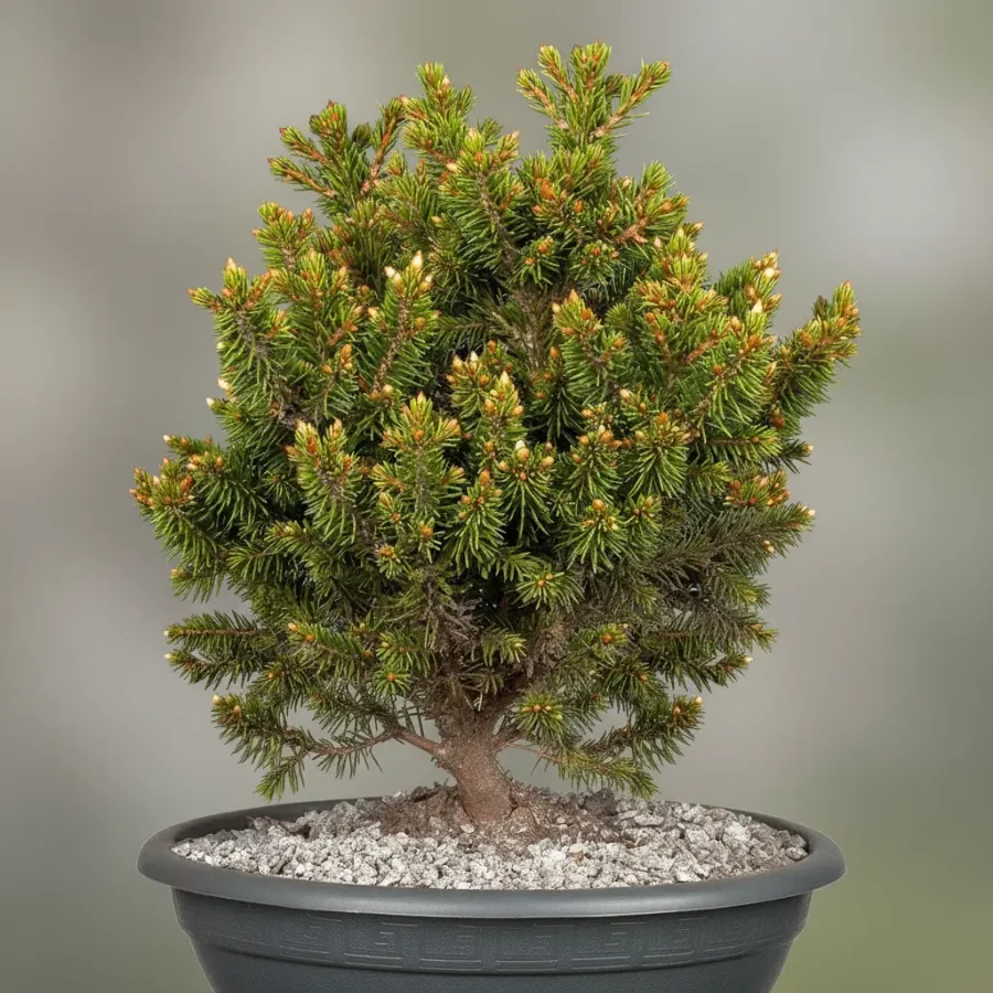 Picea abies Bonsai (Norwegische Fichte) mit dichter Nadelstruktur im Keramiktopf